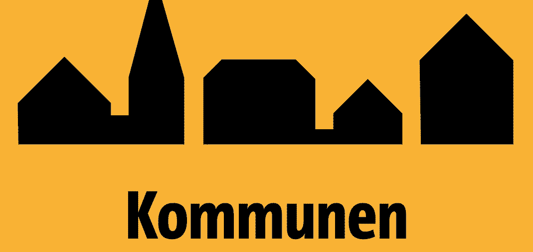 Grafik Kommmunen, symbolisiert Häuser auf gelben Hintergrund