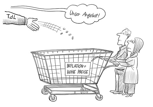 Eine Hand mit der Aufschrift "TdL" wirft ein paar Münzen in einen Einkaufswagen mit der Aufschrift "Inflation & hohe Preise"