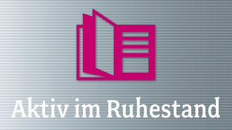 Ein pinkes Piktogramm von einem aufgeschlagenen Magazin mit dem Untertitel "Aktiv im Ruhestand"