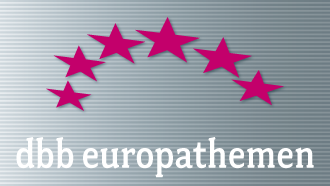 Ein pinkes Piktogramm von sechs fünfzackigen Sternen mit dem Untertitel "dbb europathemen"