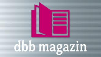 Ein pinkes Piktogramm von einem offenen Magazin mit dem Untertitel "dbb magazin"