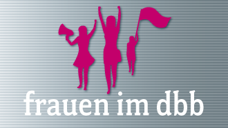 Ein pinkes Piktogramm von drei Frauen mit dem Untertitel "frauen im dbb"