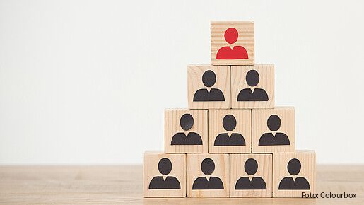 Fandrejewski: Weniger Hierarchien, mehr Gestaltungsmöglichkeiten Das Foto zeigt Würfel, die als Pyramide gestapelt sind. Auf den Würfeln jeweils Figuren, die oberste ist rot.