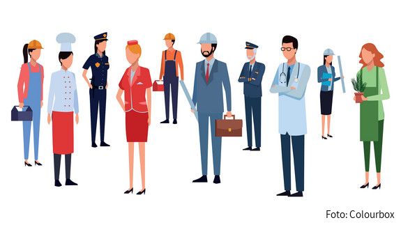 Foto zum Thema "Liste mit Berufen im öffentlichen Dienst": Zu sehen ist eine grafische Darstellung von Menschen, die verschiedene Berufe repräsentieren, darunter ein Koch, eine Polizistin und ein Arzt.
