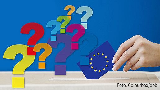 Foto zum Thema "Wie funktioniert die Europawahl?": Zu sehen ist eine Grafik, die Fragezeichen zeigt. Rechts befindet sich eine Hand, die eine Stimmkarte im Stil der Europaflagge hält.