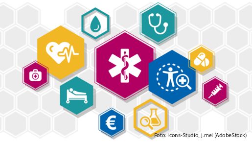 Grafik, in der sich mehrere Icons mit Gesundheits-Bezug überlagern