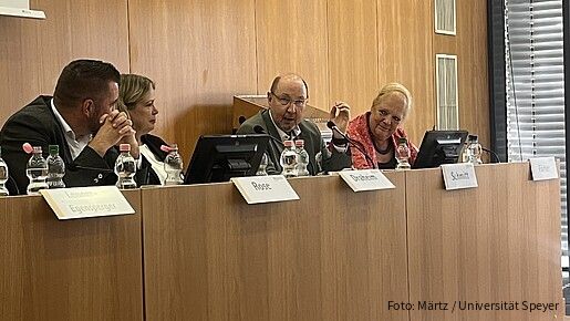 Vier Frauen und zwei Männer sitzen an einem Konferenztisch und diskutieren miteinander