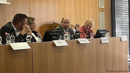 Vier Frauen und zwei Männer sitzen an einem Konferenztisch und diskutieren miteinander