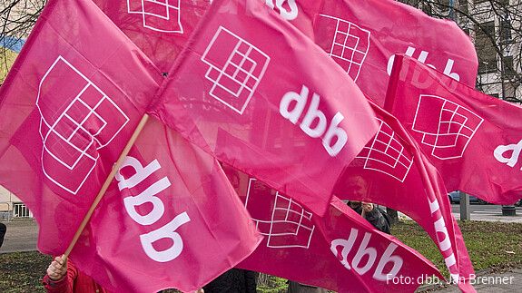 Pinke Fahnen mit dem Logo des dbb beamtenbund und tarifunion wehen im Wind