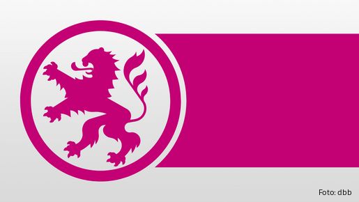 Grafik von einem pinken Streifen auf grauem Grund. Am linken Rand ein Kreis mit einem stilisierten hessischen Löwen. 