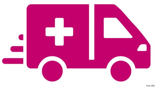 Zu sehen ist ein Piktogramm, das einen Rettungswagen zeigt. Darunter der Schriftzug "Rettungsdienst".